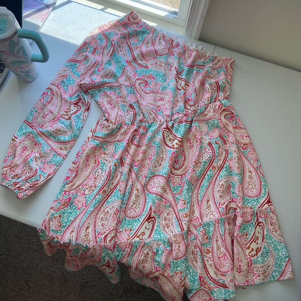 NWOT Women’s pink turquoise paisley print one-shoulder‎ ruffle hem mini dress XL